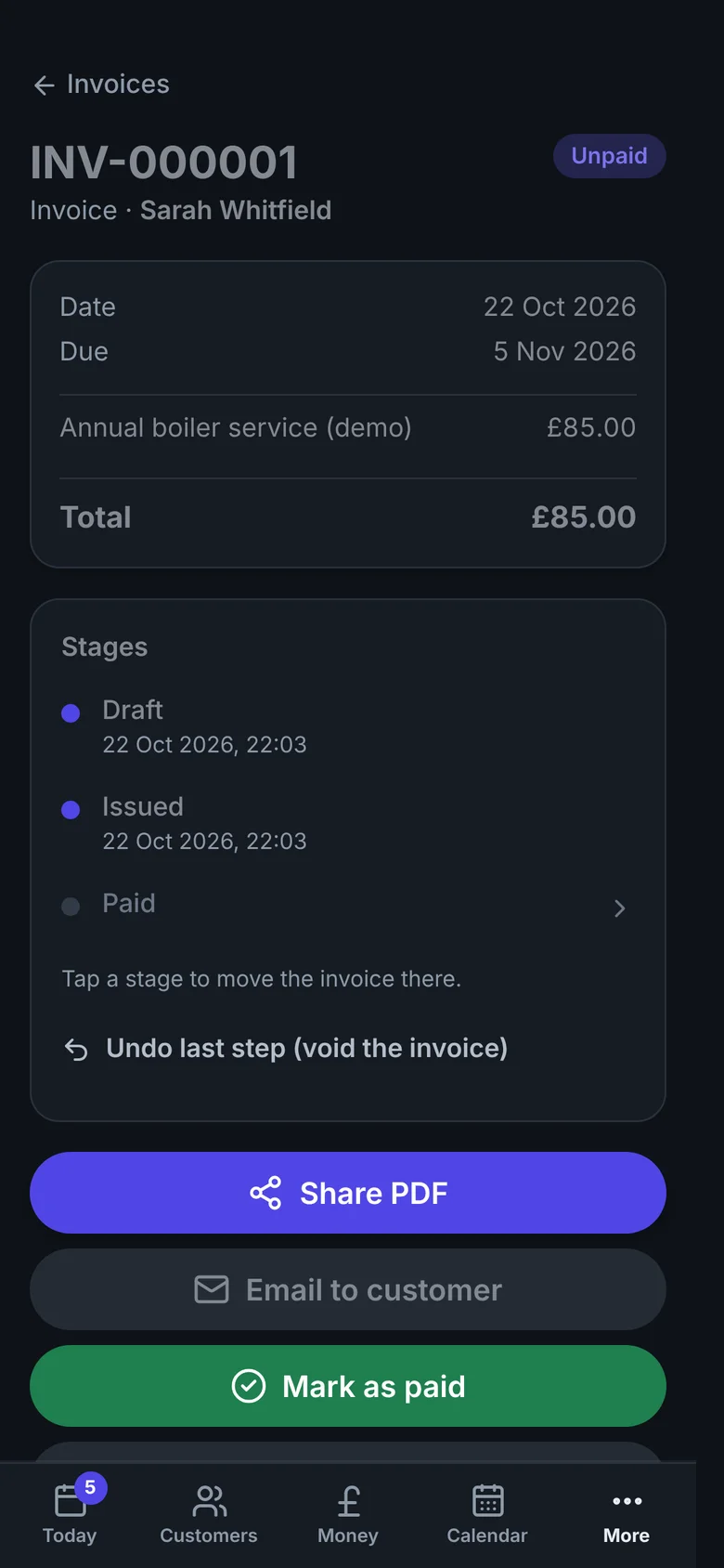A Vixir invoice ready to share or mark as paid