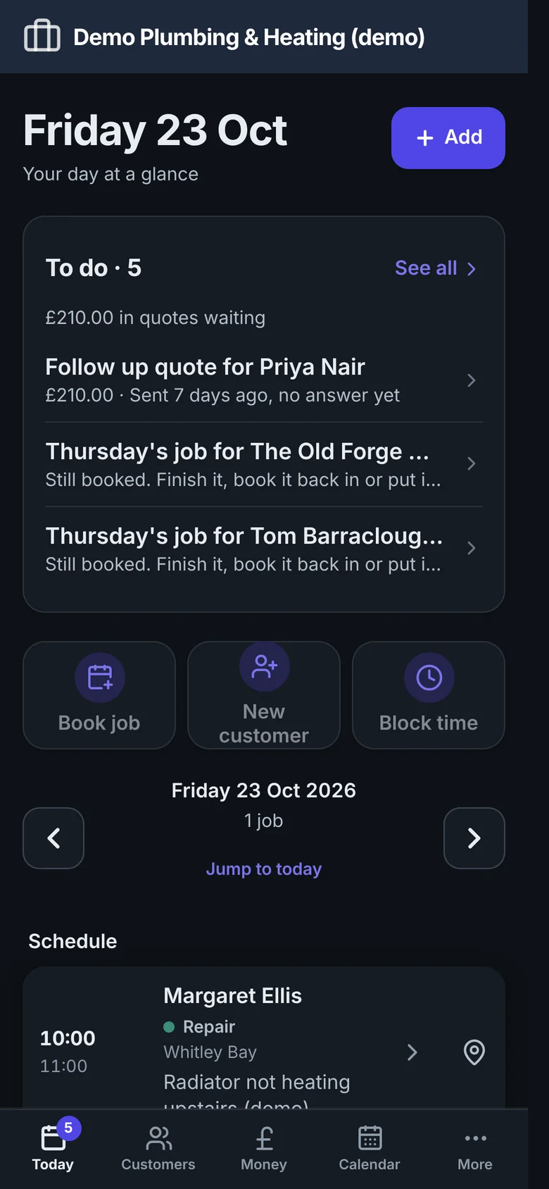 A day of jobs on Vixir's Today screen